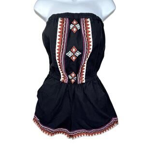 Angie Embroidered Boho Strapless Romper Small Aztec